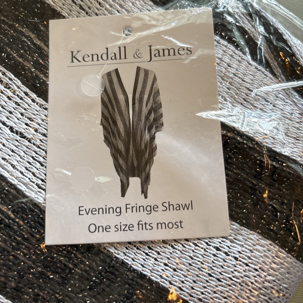 NWT Kendall & James‎ Evening Metallic Net Black Wrap Fringe Shawl Cover Up
